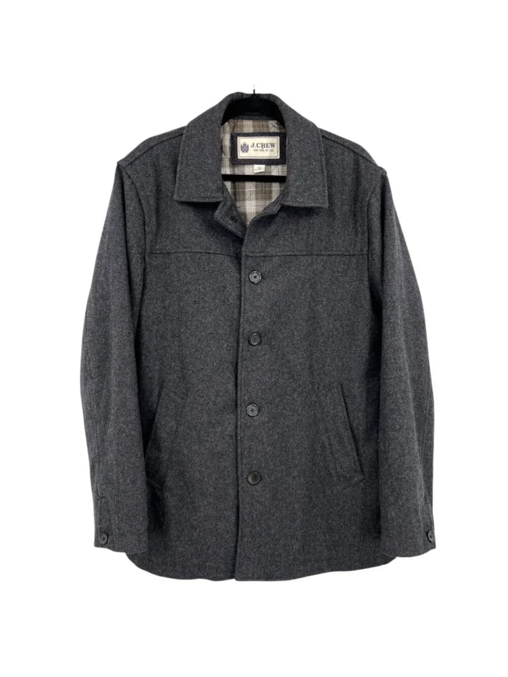 J. Crew Mens Gray Wool-Blend Button-Up Jacket Car Coat Plaid Lining Size Medium